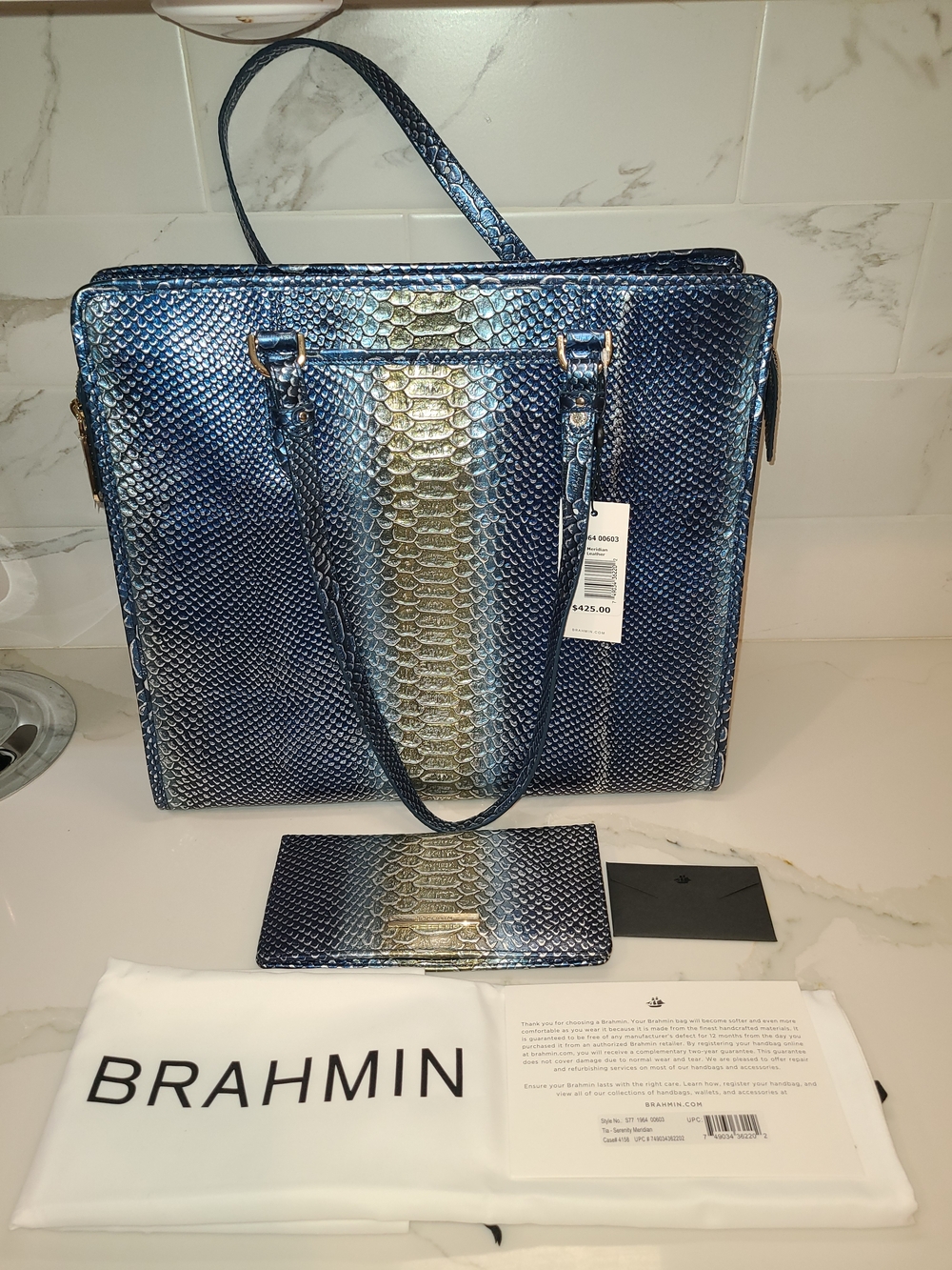 NWT Brahmin Blue and Gold Tia Serenity Meridian with Matching Ady Wallet